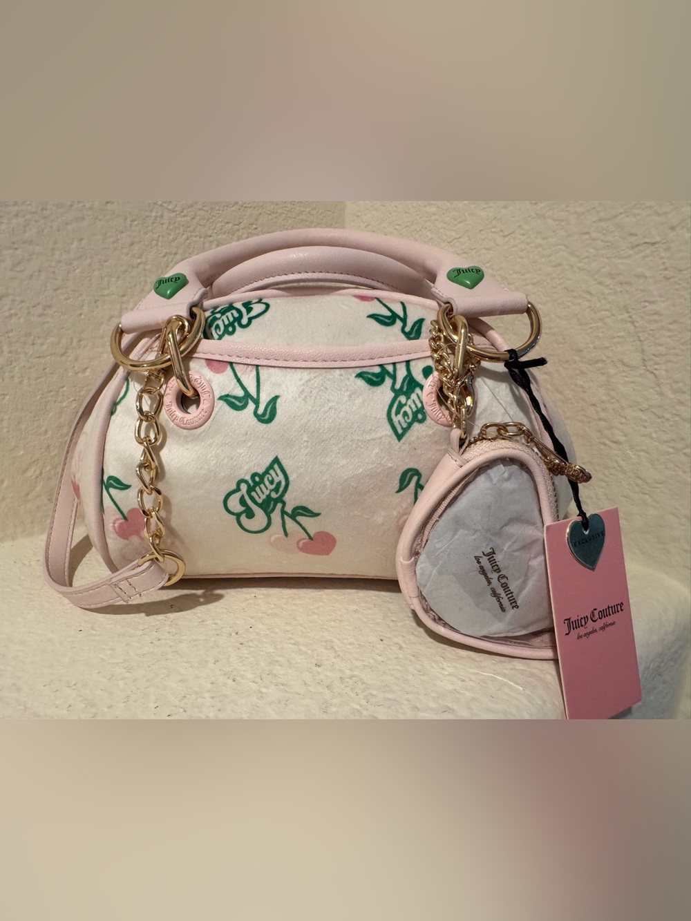 Juicy Couture Pink & Green Cherry Print Satchel with Heart Pouch NWT